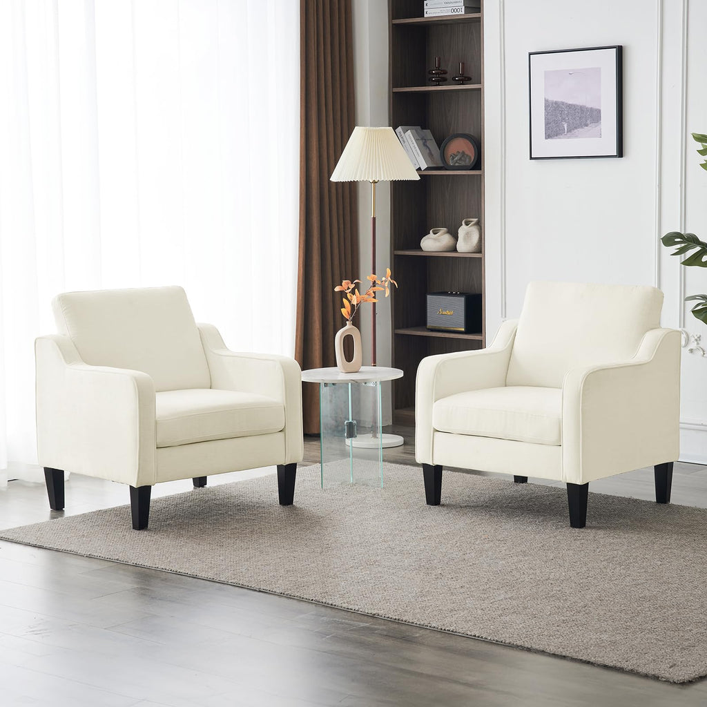 White Accent Chair Soft Chenille Comfy Arm Chair Mid Century Modern Sofa Chair for Small Spaces Bedroom, Office, Apartment, Lounge (Creamy White)