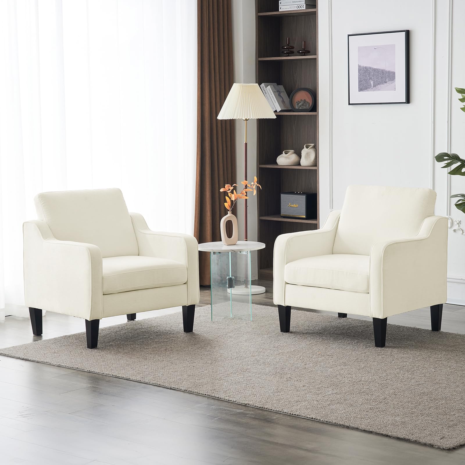 White Accent Chair Soft Chenille Comfy Arm Chair Mid Century Modern Sofa Chair for Small Spaces Bedroom, Office, Apartment, Lounge (Creamy White)