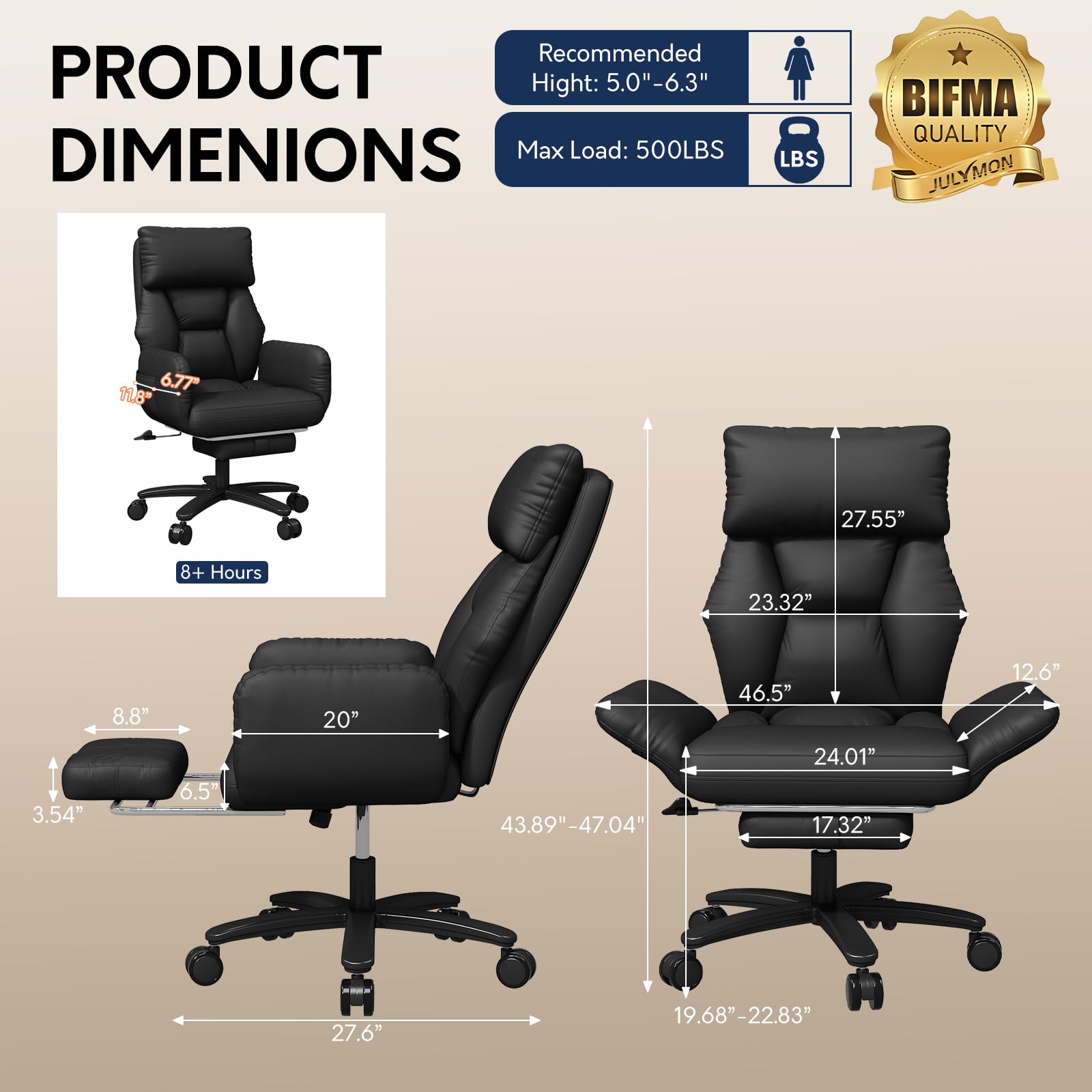 Cross Legged Office Chair with Pets Friendly Seat, Plus Size Criss Cross Desk Chair, Big and Tall Office Chair with Foot Rest, Reversible Armrests & Wide Seat, Black