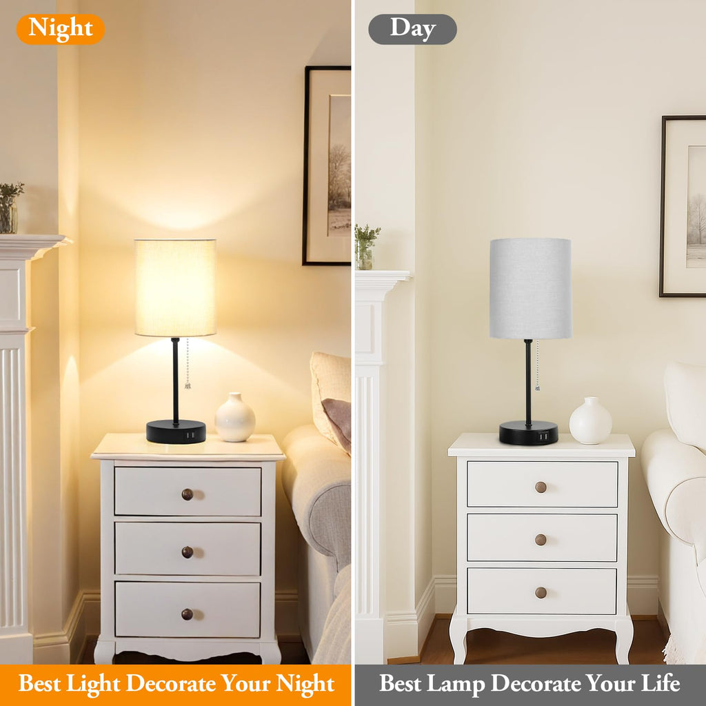 17.3'' Table Lamps Nightstand Set of 2 with 2 USB & AC Outlet, Grey
