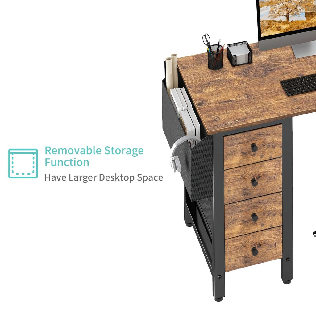 L Shaped Desk with Drawers & Storage Shelves, 47 Inch Small Reversible Corner Desk with Power Outlet for Home Office Bedroom, L-Shaped Gaming PC Computer Desks with Fabric Drawer, Rustic Brown