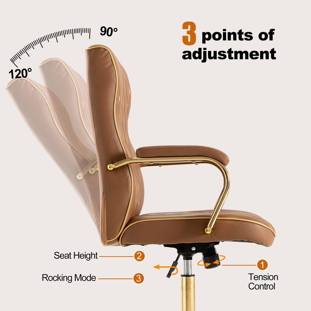 Brown and Gold Office Desk Chair,Conference Room Chairs,Mid Back Vintage Executive Leather Chair,Ergonomic Computer Swivel Chair with Rocking Function and Padded Arms,Adjustable Height