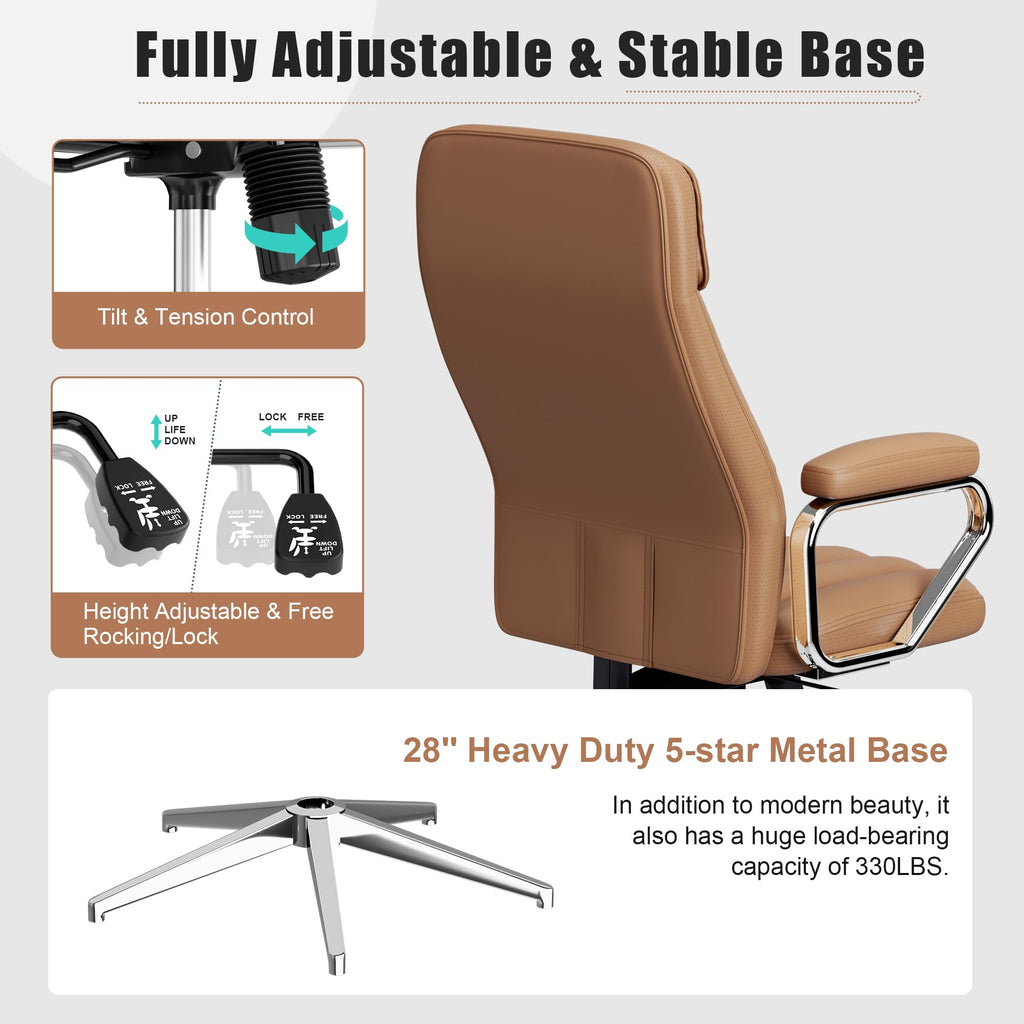 Executive Office Chair, Modern Leather Chair with Headrest & Lumbar Support, High Back Ergonomic Chair with Padded Armrests & Seat, Height Adjustable Swivel Rolling Chair for Home Office.