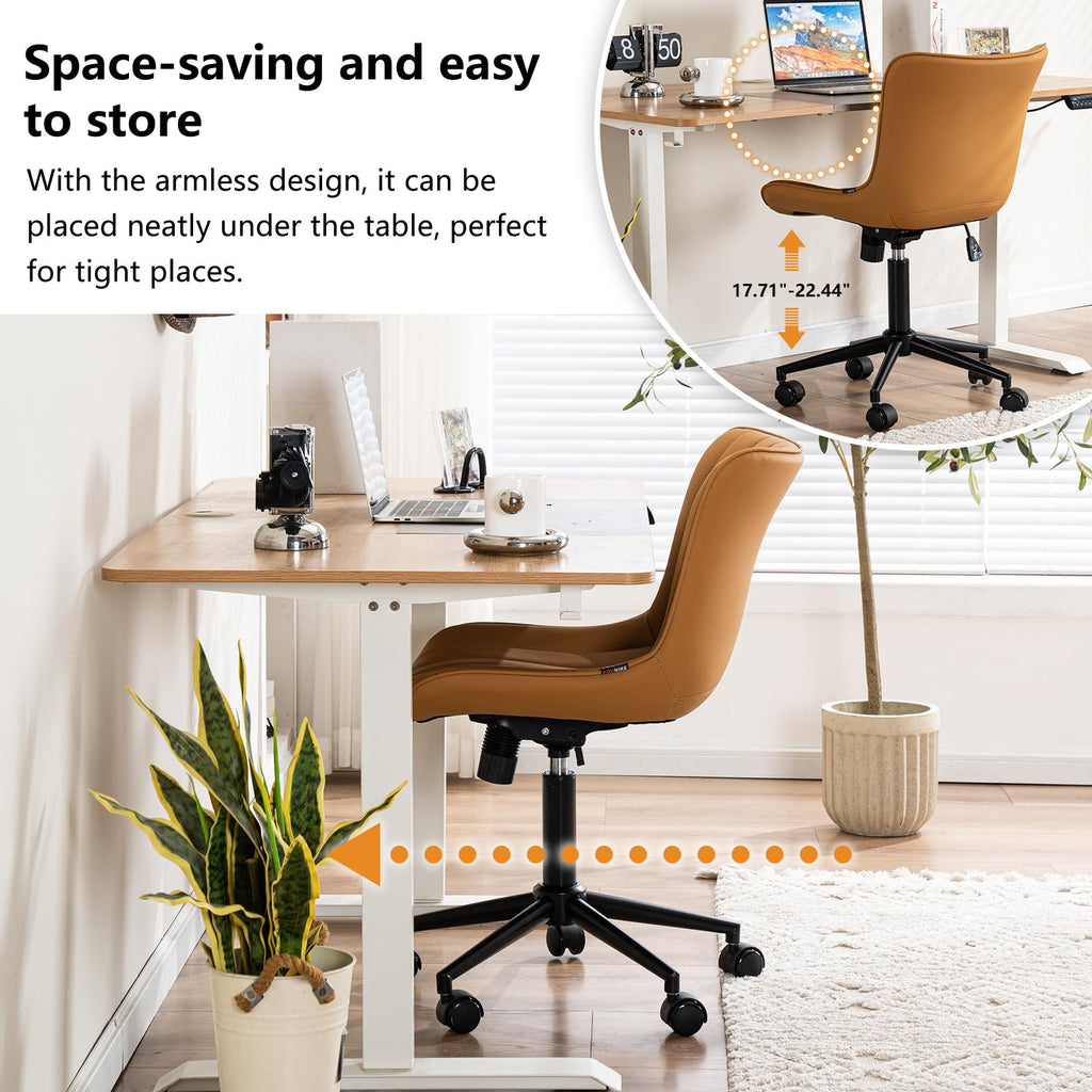 Ergonomic Home Office Chair with Wheels Comfy Armless Desk Chair with Back Adjustable Height Modern Leather Upholstered Swivel Vanity Chair Small Cute Rolling Task Computer Chair Tan