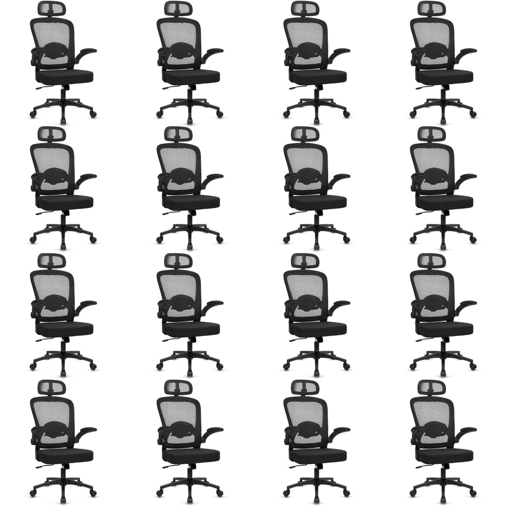 Desk Chairs with Wheels, Ergonomic Mesh Back Home Office Chair with Headrest, Adjustable Lumbar Support Swivel Rolling Computer Chairs Flip Up Arms for Conference Meeting Room, Black, 16PK