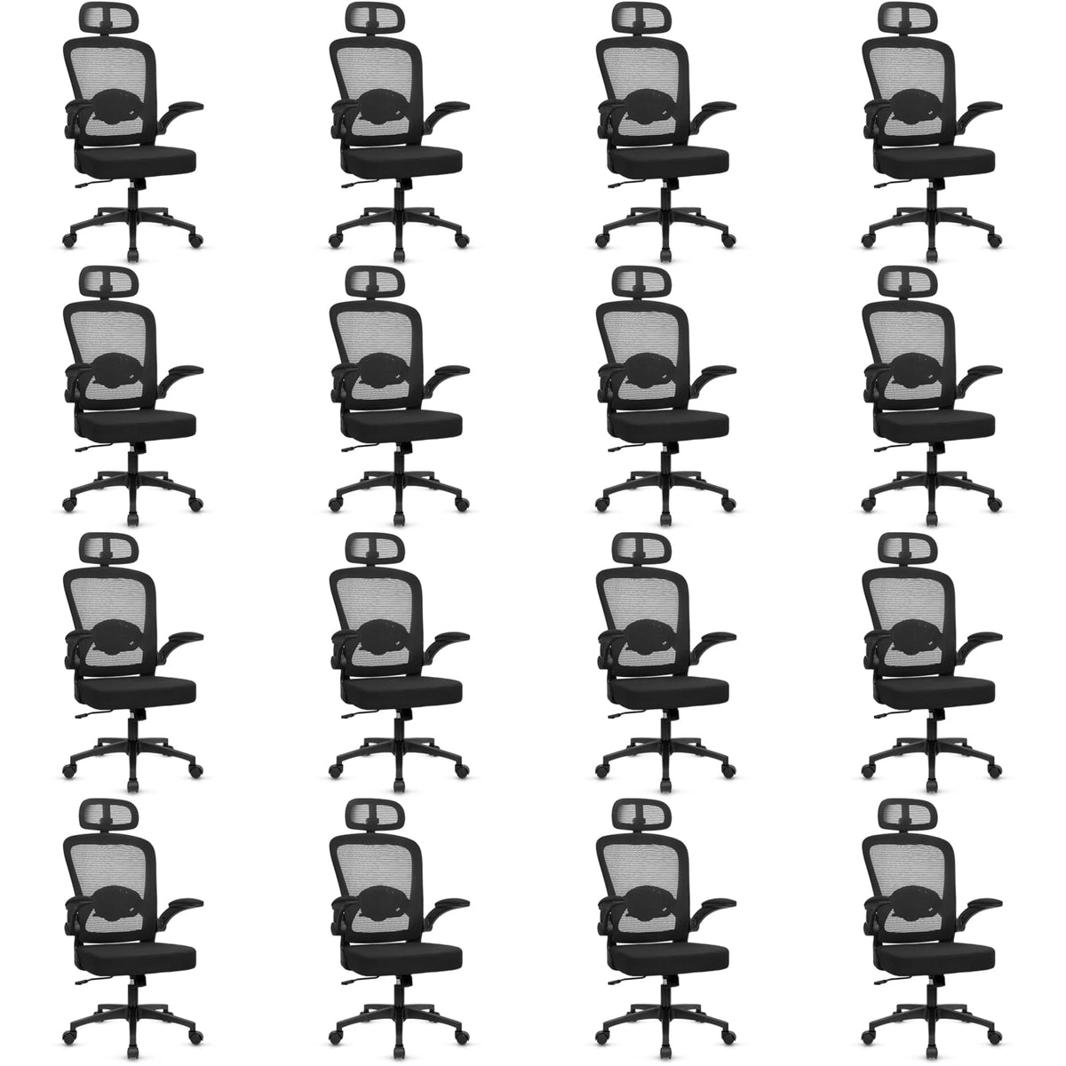 Desk Chairs with Wheels, Ergonomic Mesh Back Home Office Chair with Headrest, Adjustable Lumbar Support Swivel Rolling Computer Chairs Flip Up Arms for Conference Meeting Room, Black, 16PK