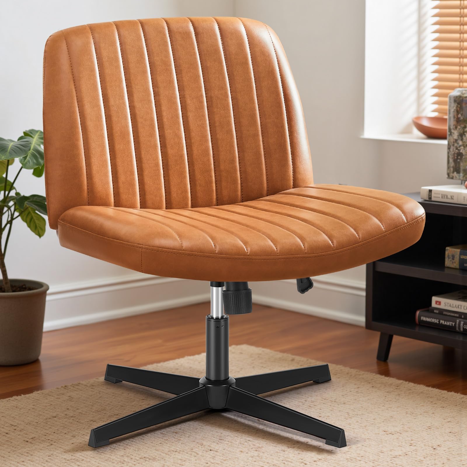 Criss Cross Legged Chairs Armless No Wheels Wide Seat Height Adjustable Swivel Padded PU Leather Home Office Desk Seating for Bedroom, Student, Study Room