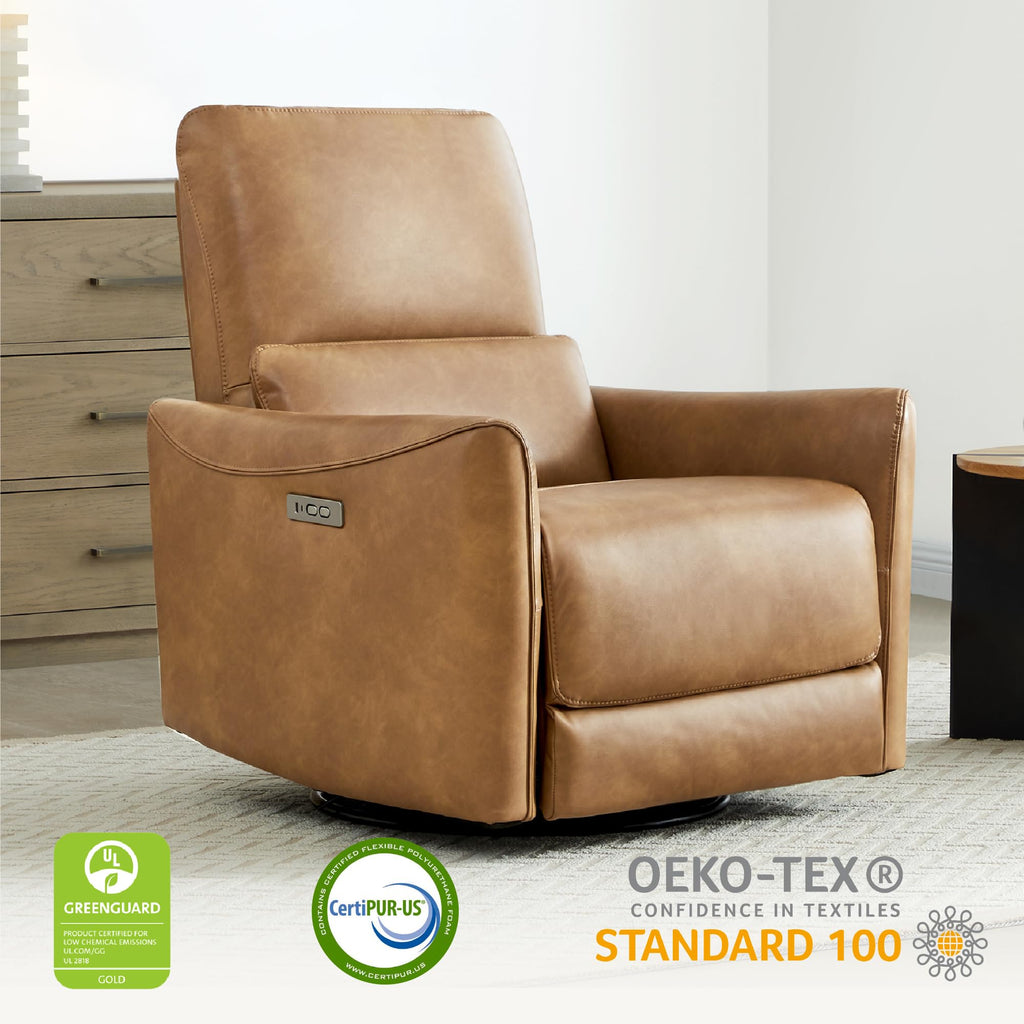 Oversized Power Recliner Chair Swivel Glider for Big and Tall, FSC Certified Faux Leather Living Room Nursery Rocking Chair with Lumbar Support, Cognac Brown