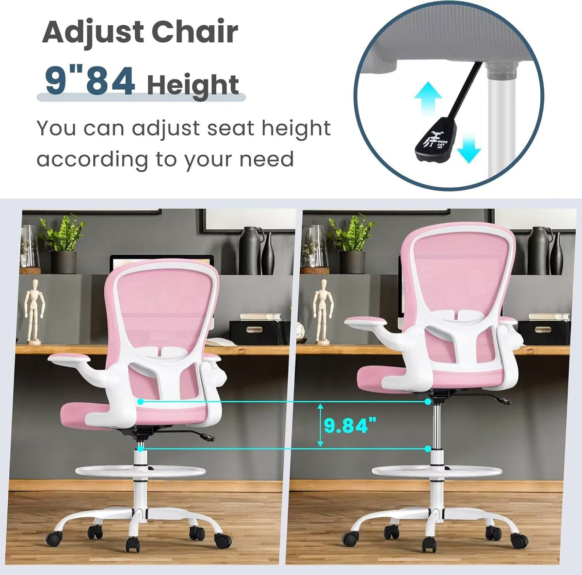 Drafting Chair Tall Executive Ergonomic Computer Standing Desk Chair with Flip-Up Armrests