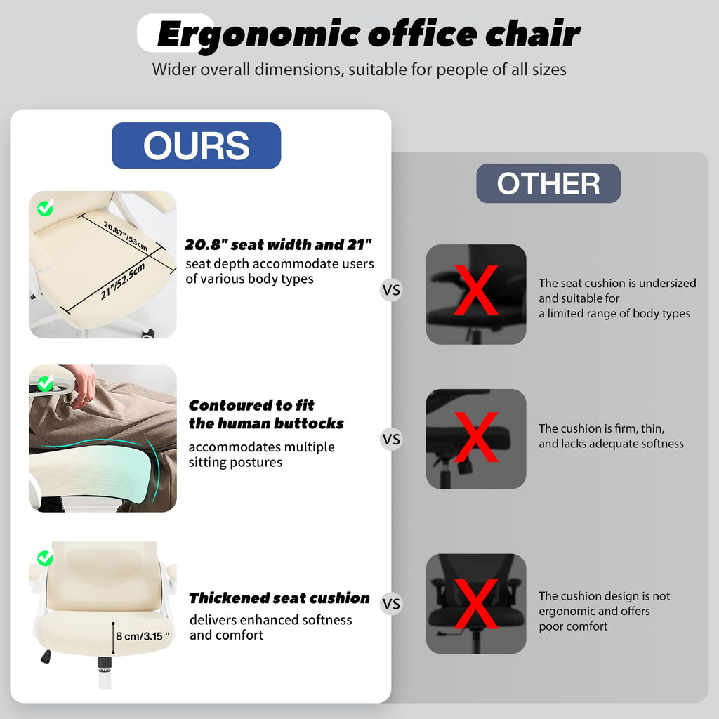Ergonomic Office Chair, 400 LBS Computer Chairs with Adjustable Lumbar Support, Breathable Mesh Desk Chair Ergonomic with Thickened Cushion, Comfy Home Office Desk Chair (Buff Beige)