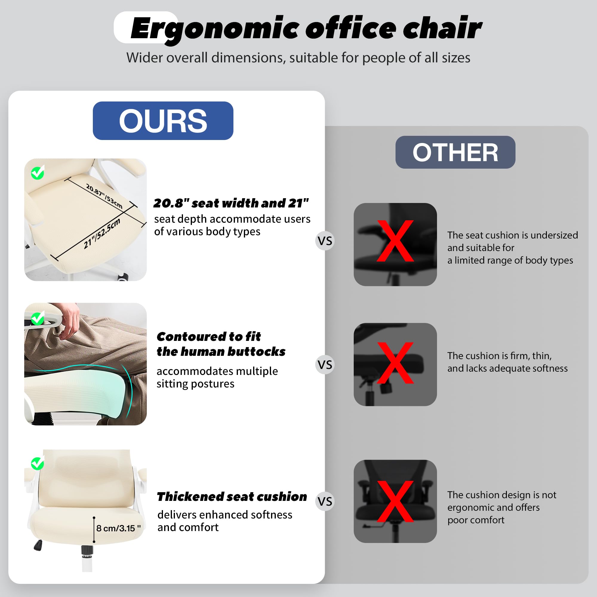 Ergonomic Office Chair, 400 LBS Computer Chairs with Adjustable Lumbar Support, Breathable Mesh Desk Chair Ergonomic with Thickened Cushion, Comfy Home Office Desk Chair (Buff Beige)