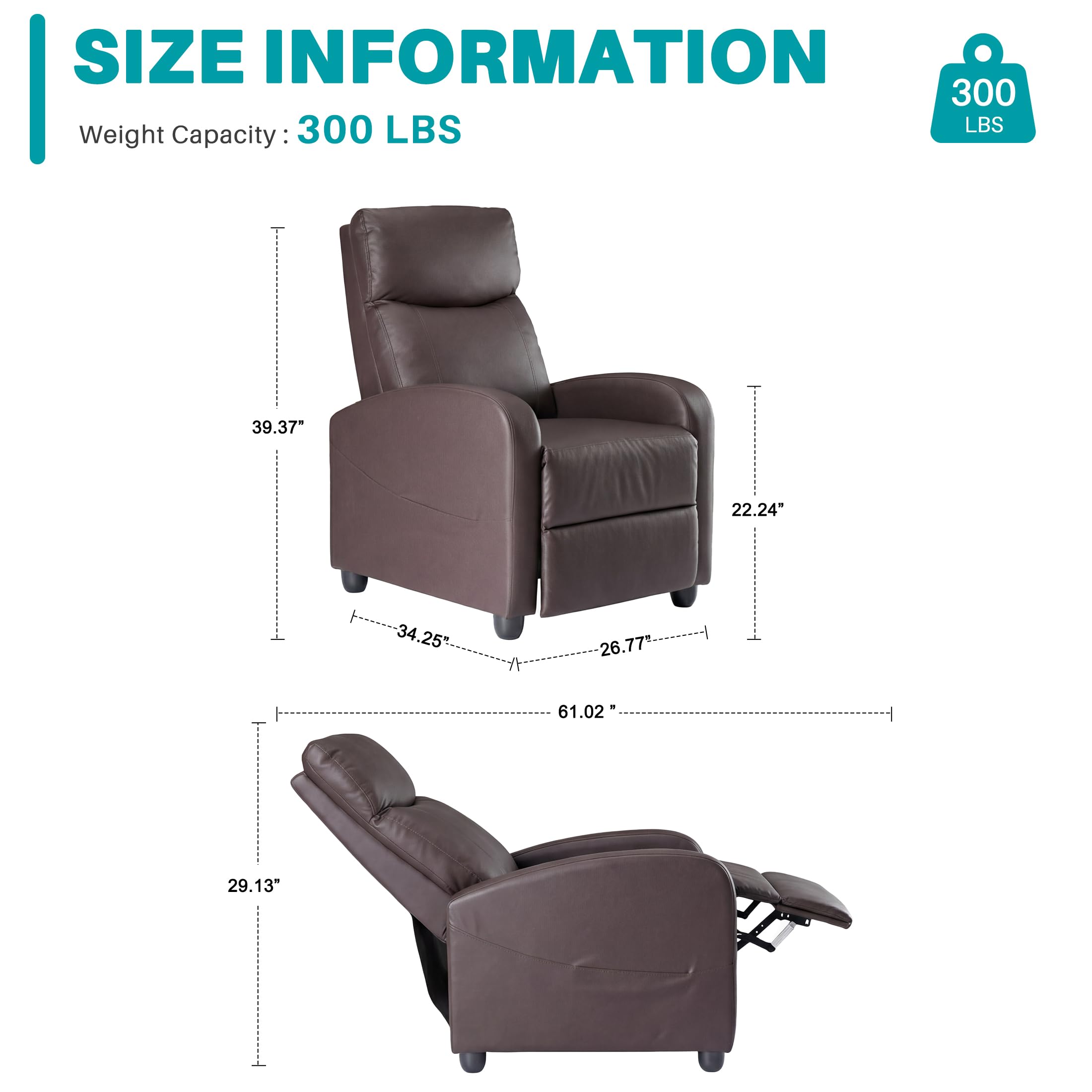 Massage Recliner Chair for Adults, Adjustable Home Theater Seating with Lumbar Support for Living Room, Modern Fabric Reclining for Small Space, Brown