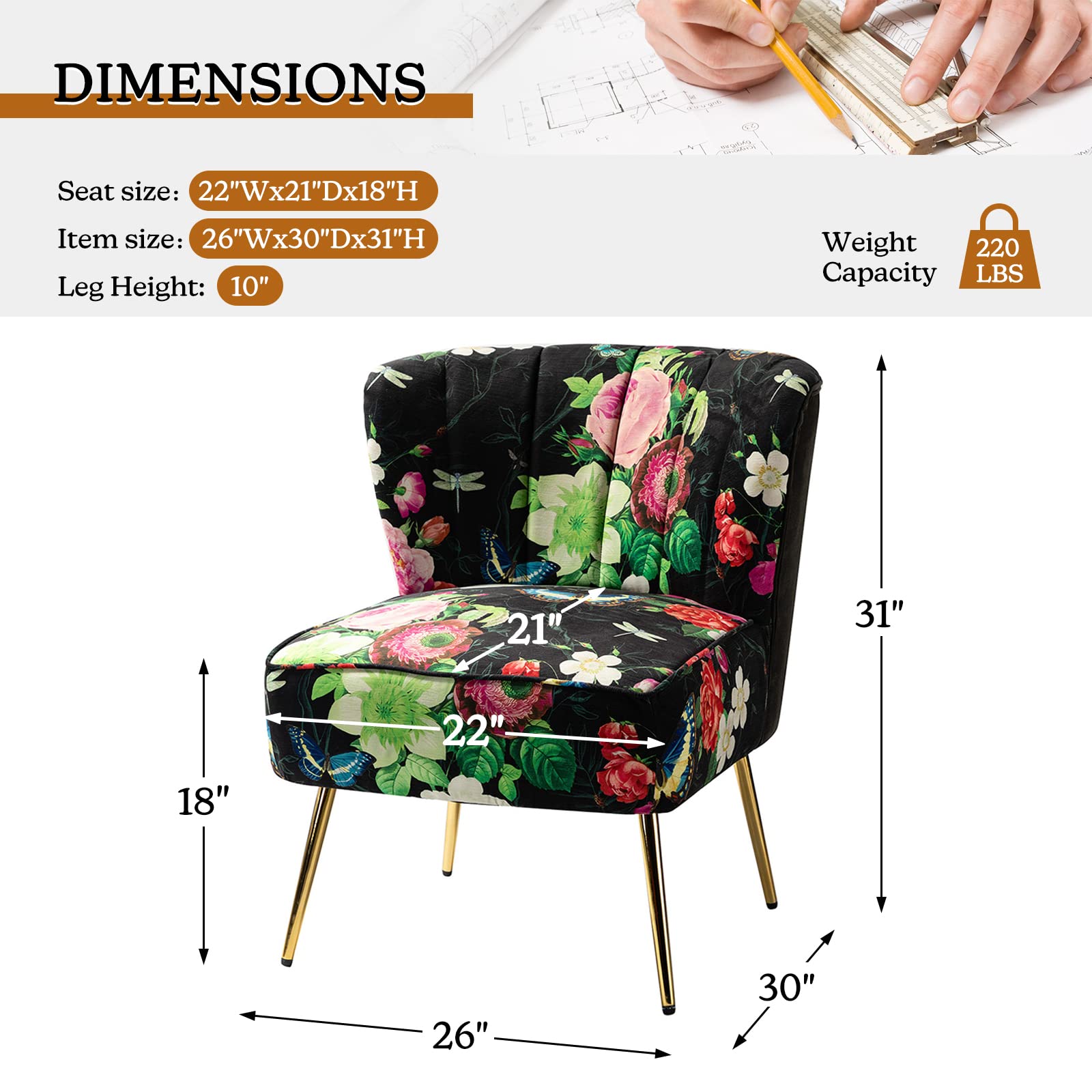 Armless Accent Chair with Gold Metal Legs, Comfy Tufted Floral Fabric Living Room Chair Wingback Small Side Chair, Upholstered Slipper Chair for Bedroom, Reading Room (Print Flower, BLACK)