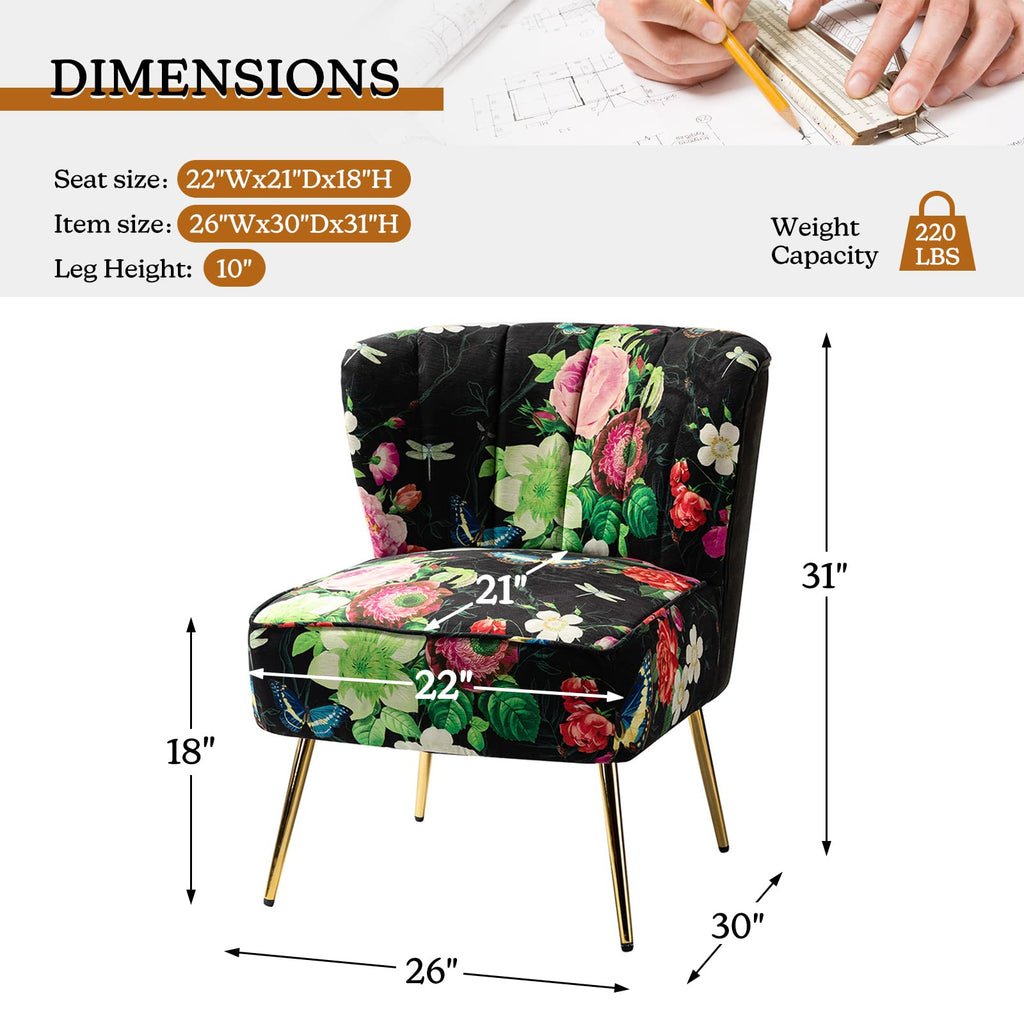 Armless Accent Chair Set of 2 with Gold Metal Legs, Comfy Floral Fabric Living Room Chair Wingback Small Side Chair, Upholstered Slipper Chair for Bedroom, Reading Room (Flower, Black)