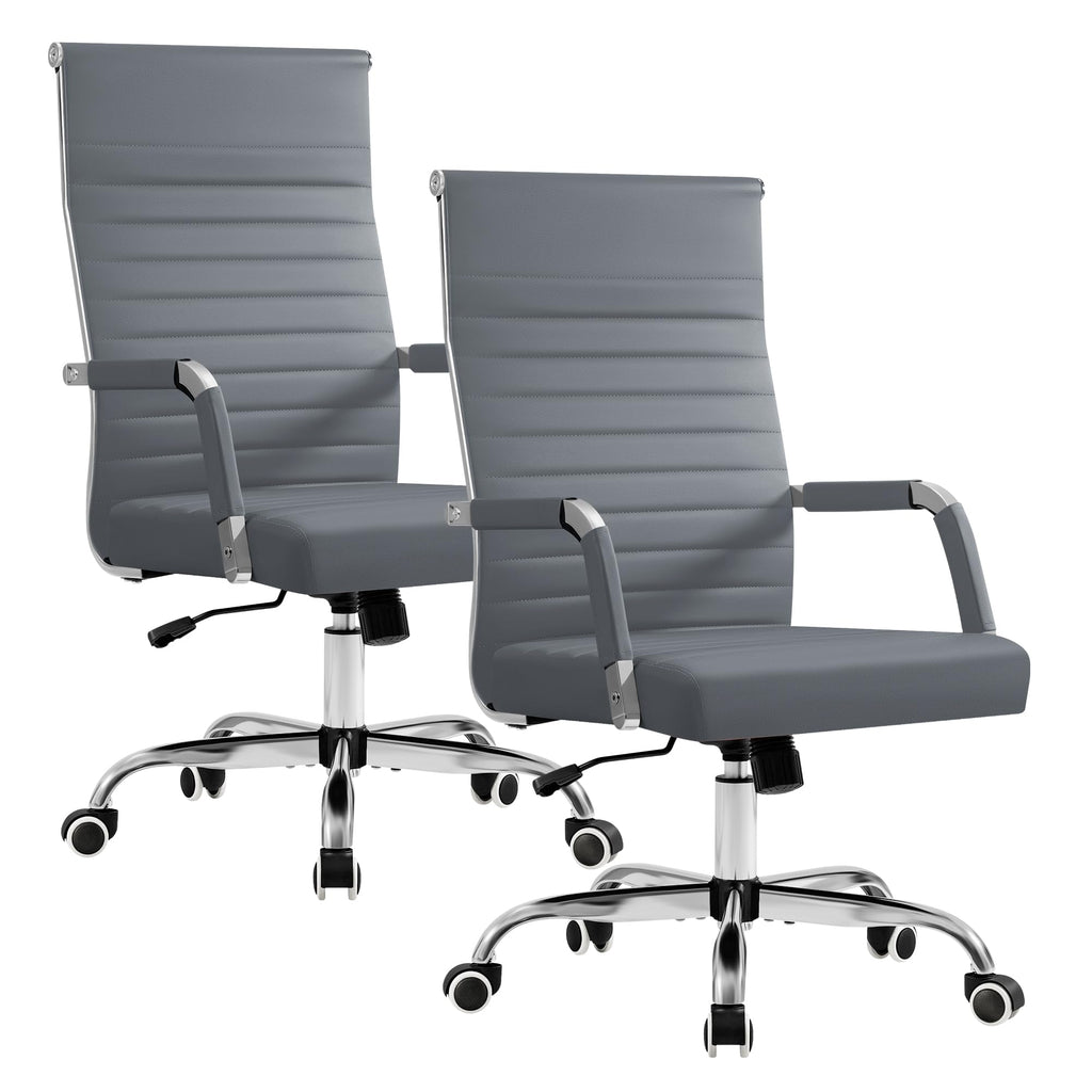 (2, Grey) Ergonomic Office Desk Chair, Executive Ribbed Mid-Back PU Leather Conference Room Chair Adjustable Swivel Chair with Arms