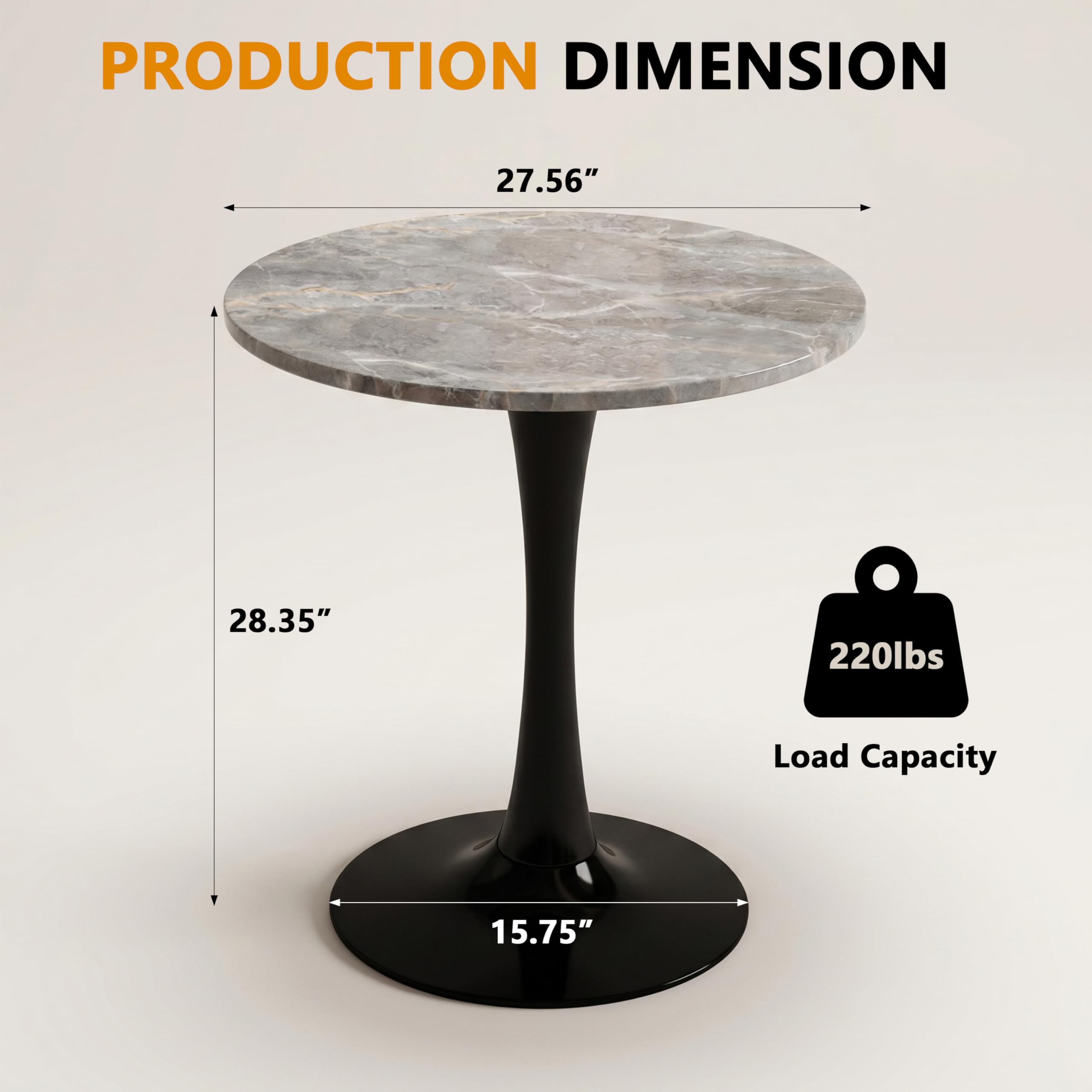 Sybrioka 27.6" Marble Round Tulip Table, Mid-Century Modern Style Dining Table with Black Pedestal Base for 2-4 People, Featuring A Marble Tabletop for Kitchen, Dining Room, Cafe (Dark Grey)