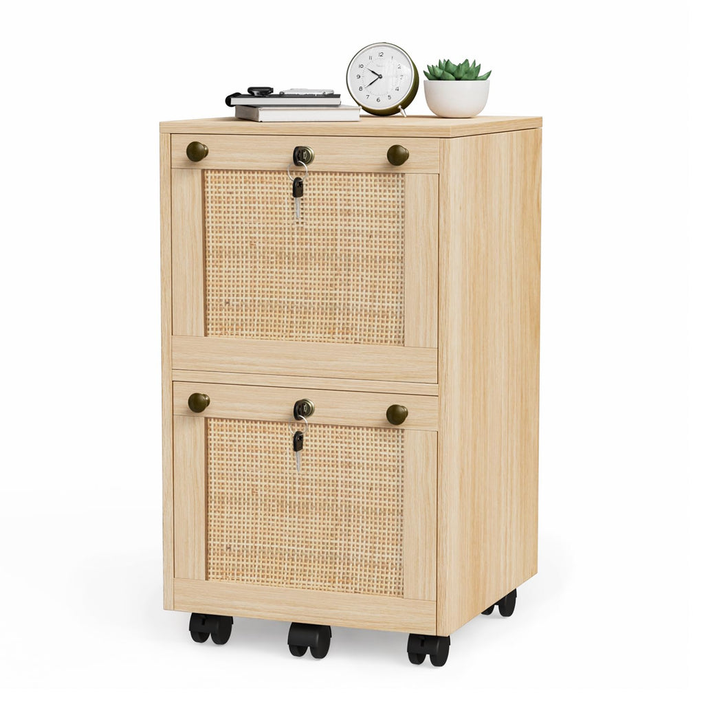 2 Drawer File Cabinet with Lock, Rolling File Cabinets for Home Office, Small Printer Stand, Wood Rattan Oak File Organizer, Under Desk Filing Cabinet on Wheels for Folders with Tabs