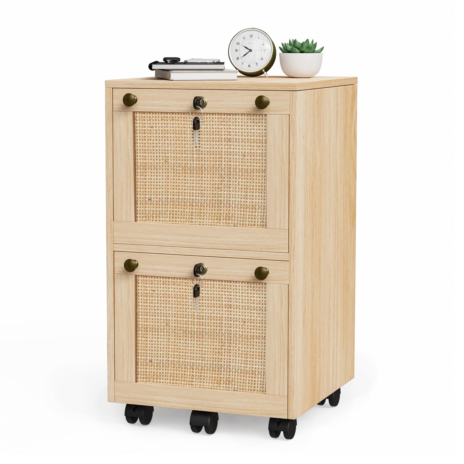 2 Drawer File Cabinet with Lock, Rolling File Cabinets for Home Office, Small Printer Stand, Wood Rattan Oak File Organizer, Under Desk Filing Cabinet on Wheels for Folders with Tabs