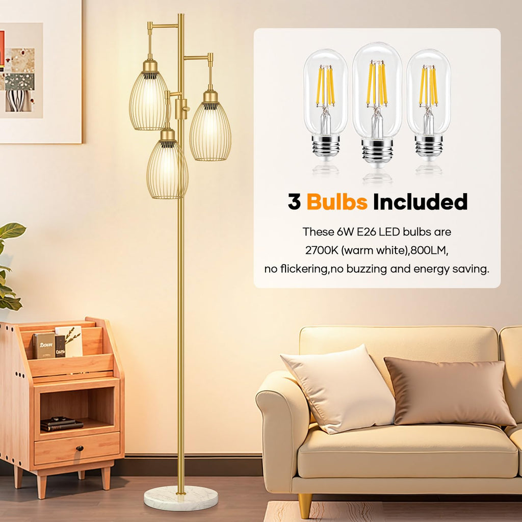 Floor Lamp,3x800LM LED Bulbs Included, Farmhouse Industrial Floor Lamp Standing Tree Lamp with Teardrop Cage Head Tall Lamp for Living Room Bedroom Office Dining Room - Gold & Marble Base