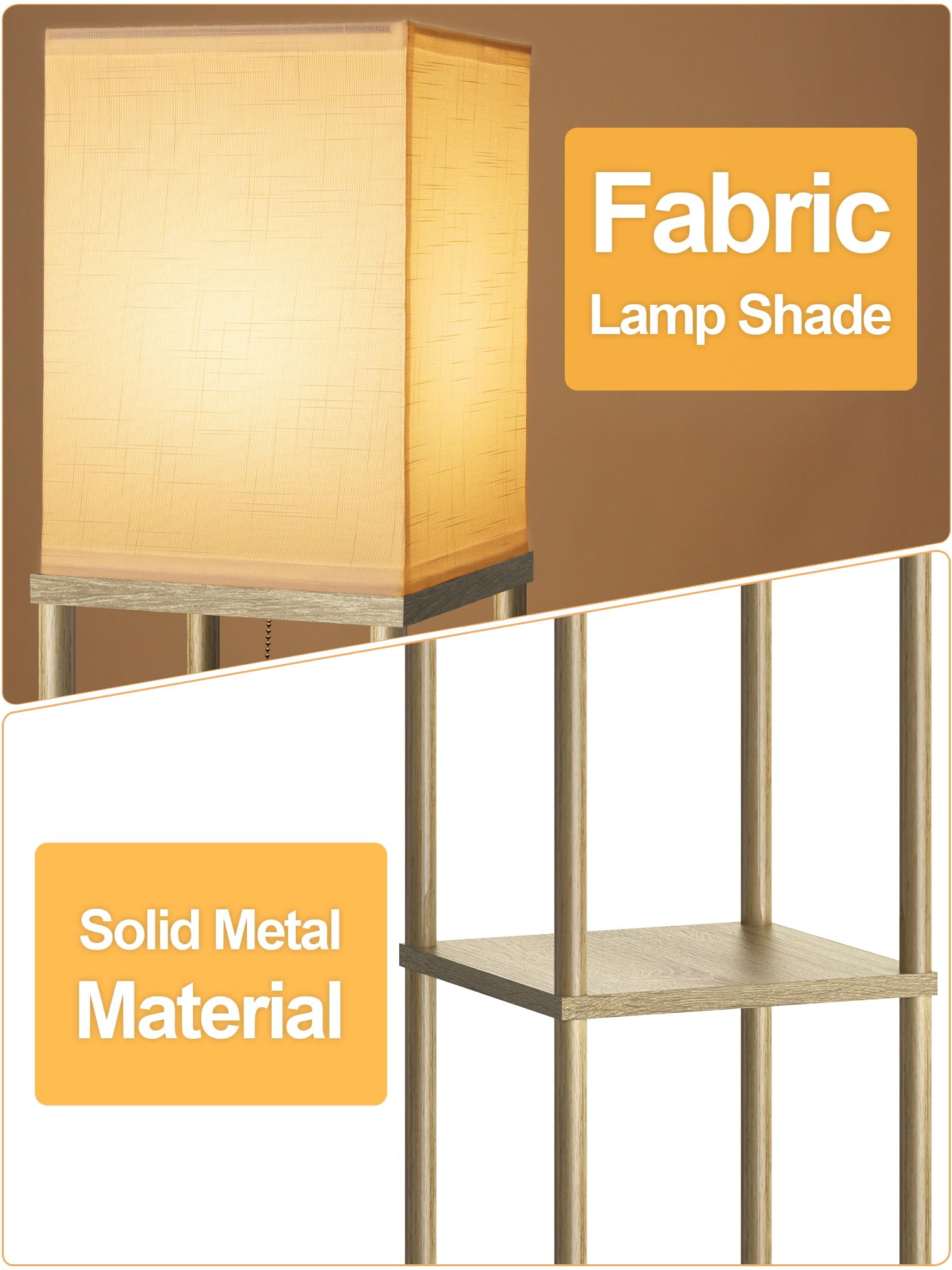 Floor Lamp with Shelves for Living Room Natural Wood, Shelf Floor Lamp with 3 CCT LED Bulb, Corner Display Standing Column Lamp Etagere Organizer Tower Nightstand with White Linen Shade for Bedroom