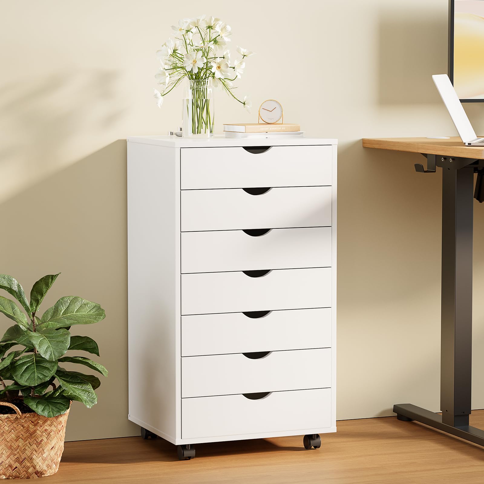 7 Drawer Rolling Storage Cabinet, Wood Under Desk Mobile Dresser with Wheels, Small Organizer Chest for Home Office, Bedroom, Living Room, Compact Vertical Storage Furniture Unit, White