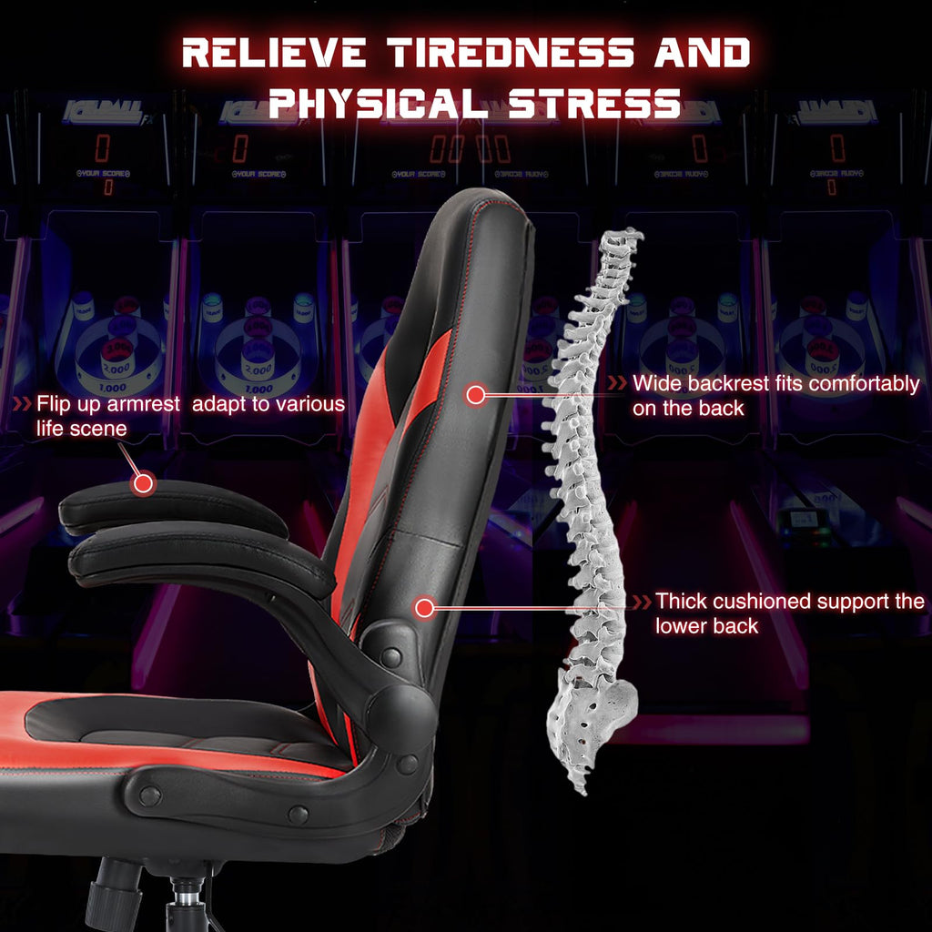 Computer Gaming Chair - PU Leather Ergonomic Lumbar Support with Flip-up Armrest and 360° Swivel Wheels, Height Adjustable Task Home Office Desk Video Racing, Red