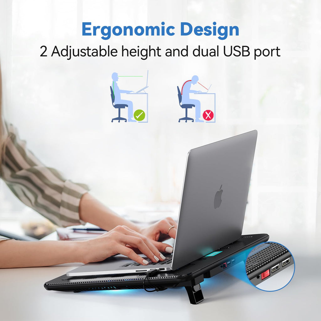 Laptop Cooling Pad, Portable Slim Quiet USB Powered Laptop Notebook Cooler Cooling Pad Stand Chill Mat with 3 Blue LED Fans, Fits 12-17 Inches (Black)