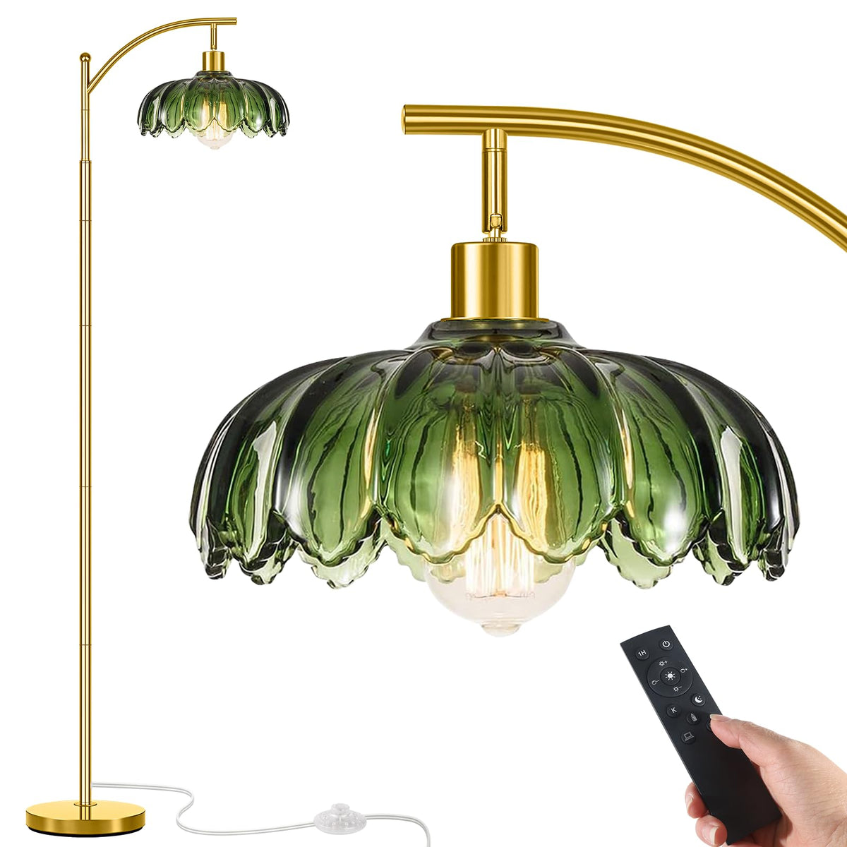 Gold Floor Lamp for Living Room with Remote Control,Unique Vintage Standing Tall Lamp,Mid Century Modern Floor Lamps Arc Green Glass Floor Lamps for Office Corner