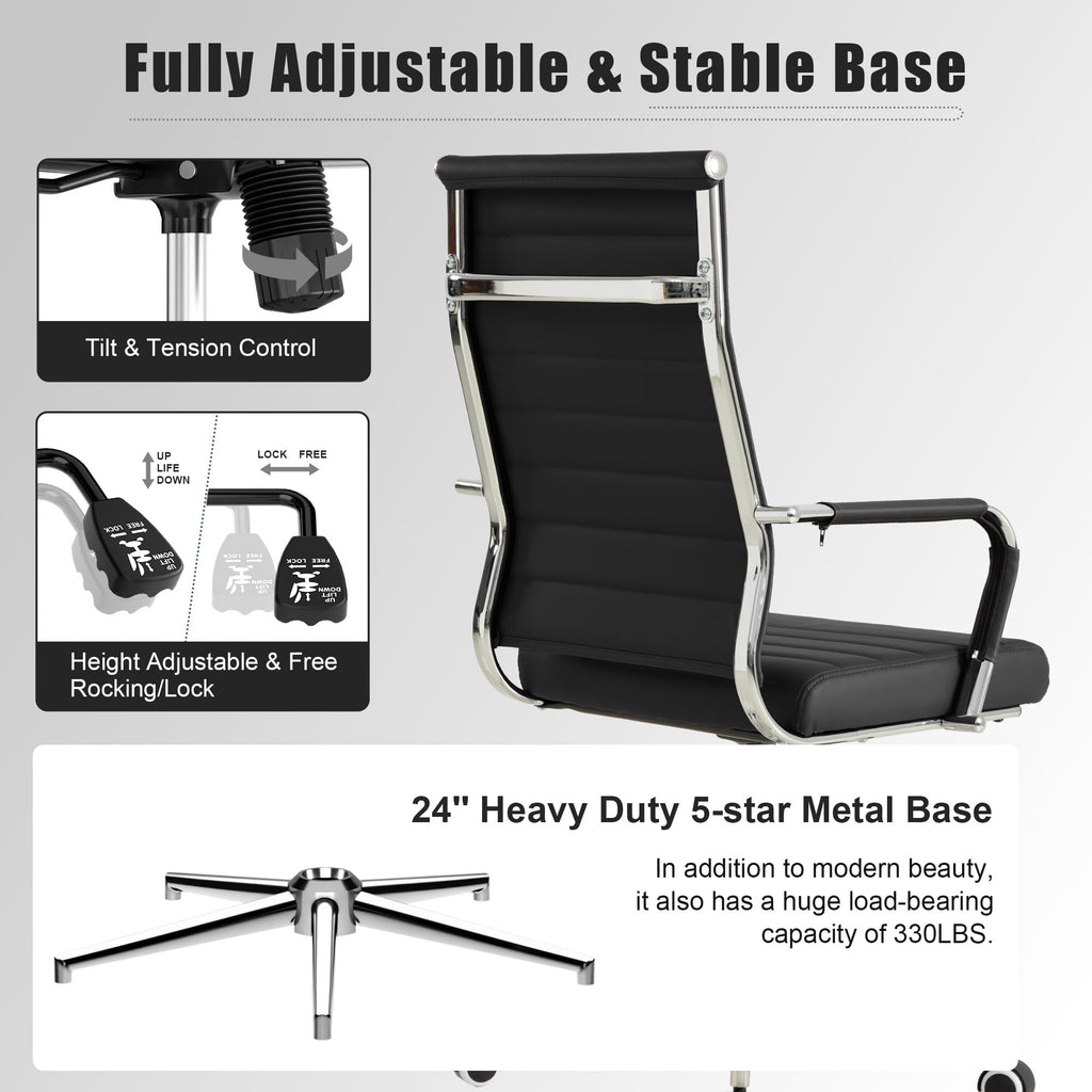 Office Desk Chair, Ergonomic Leather Modern Conference Room Chairs, Executive Ribbed Height Adjustable Swivel Rolling Chair for Home Office. (Black)