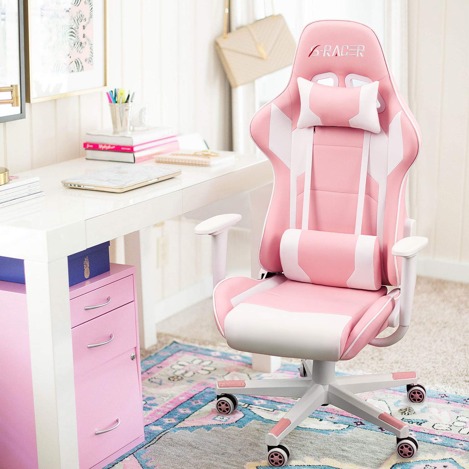 Gaming Chair, Office Chair High Back Computer Chair Leather Desk Chair Racing Executive Ergonomic Adjustable Swivel Task Chair with Headrest and Lumbar Support(Pink)