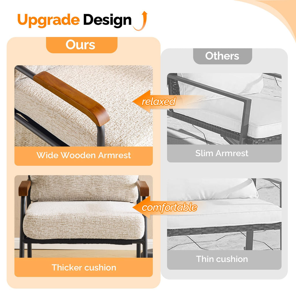 Mid-Century Modern Accent Armchairs Set of 2 for Office, Small Comfy Upholstered Leisure Reading Chairs with Wood Armrests for Office, Bedroom, Living Room, Waiting Room, Linen Beige