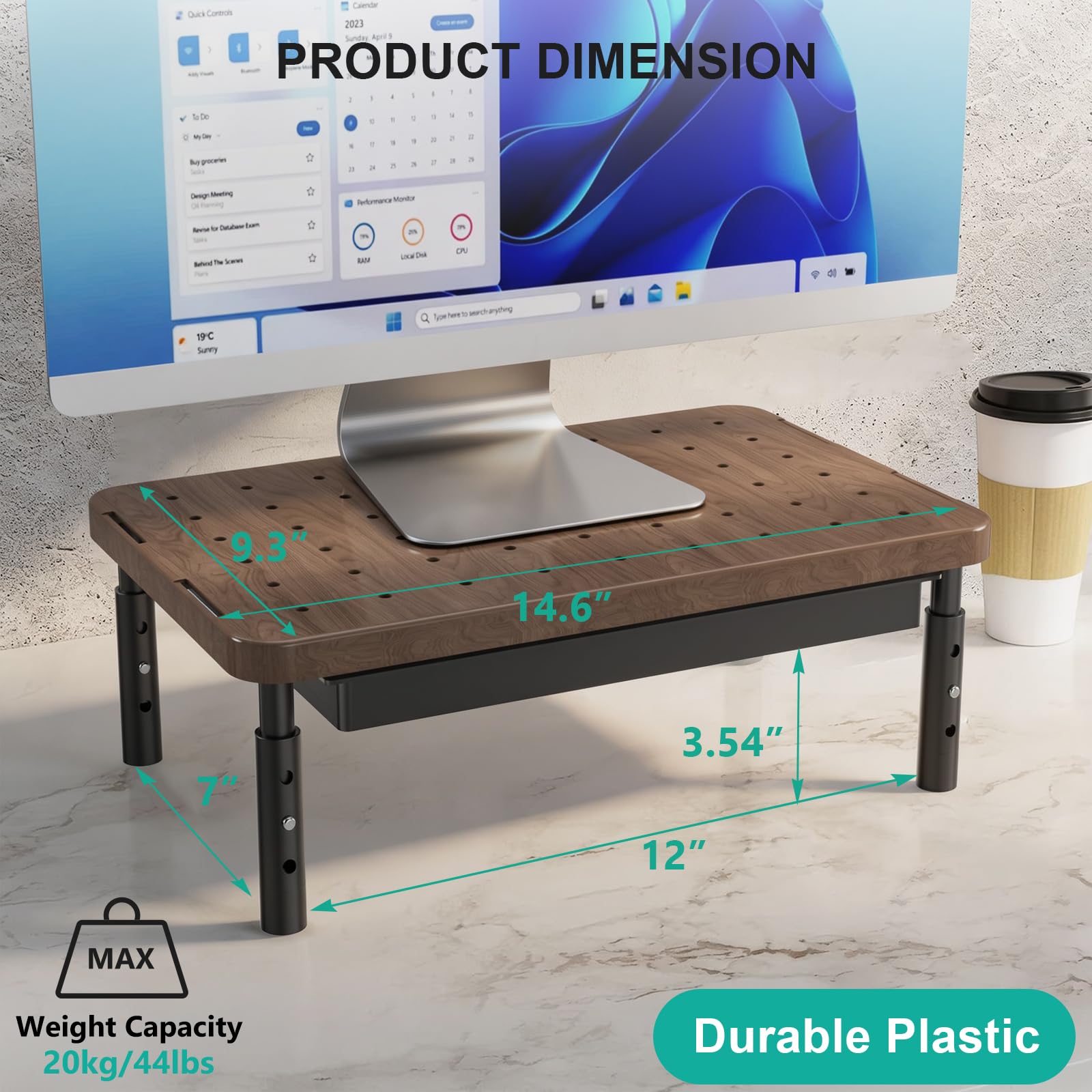 Plastic Computer Monitor Stand with Storage, Desk Monitor Riser 3 Height Adjustable, Laptop Riser with Airflow Vents, Desk Organizer for Computer, Laptop, Printer (PTT002-C), 1 Pack, Brown