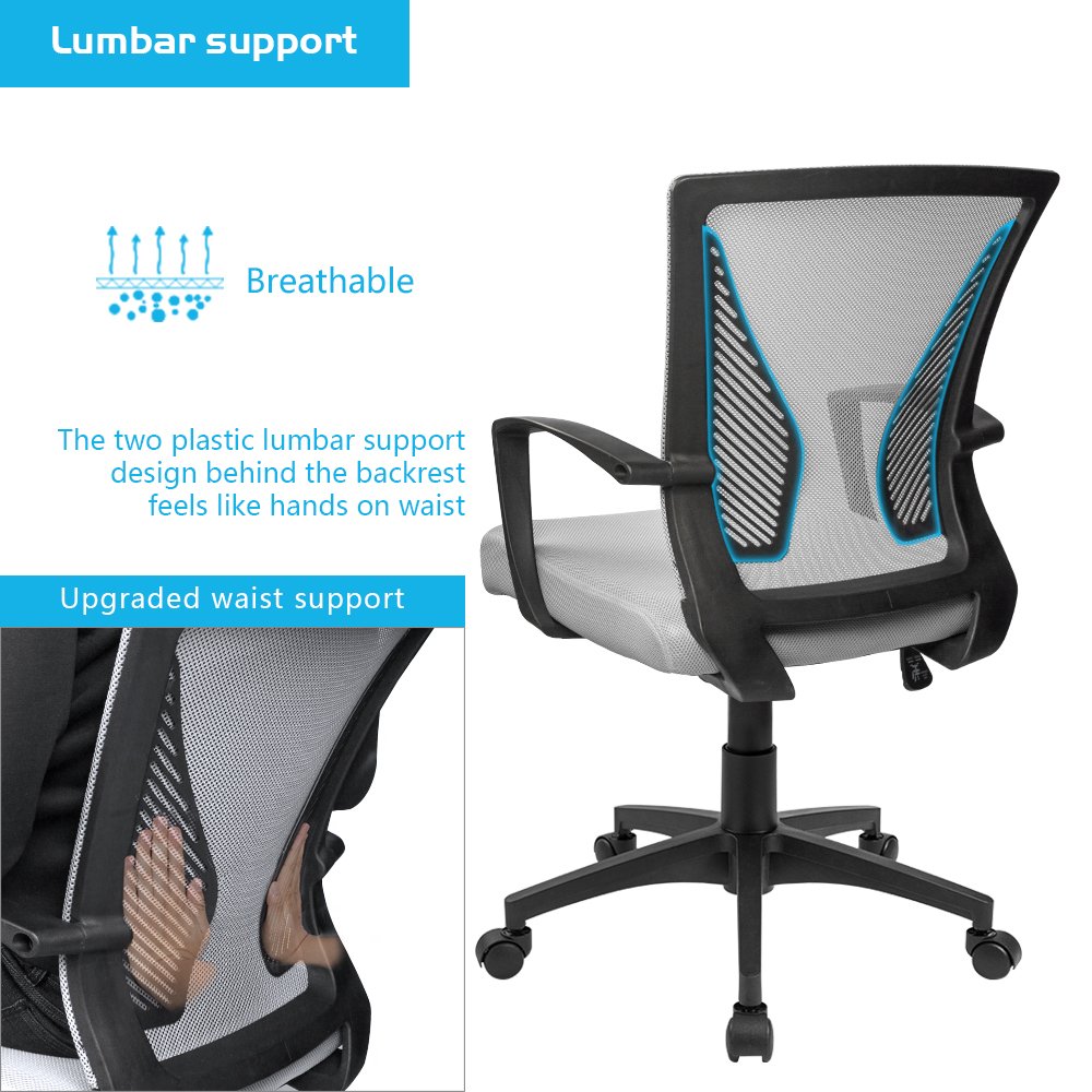 Office Chair Ergonomic Computer Desk Mesh Chair Mid Back Swivel Lumbar Support with Armrest (1, Gray)