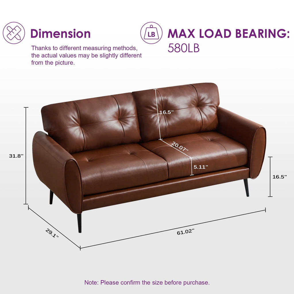 Sofa Couch 61" Small Loveseat Couches for Living Room Leather Couch Mid Century Modern Tufted Mini Sofa Comfy Office 2 Seat Settee Love Seat Bedroom (2, Brown)