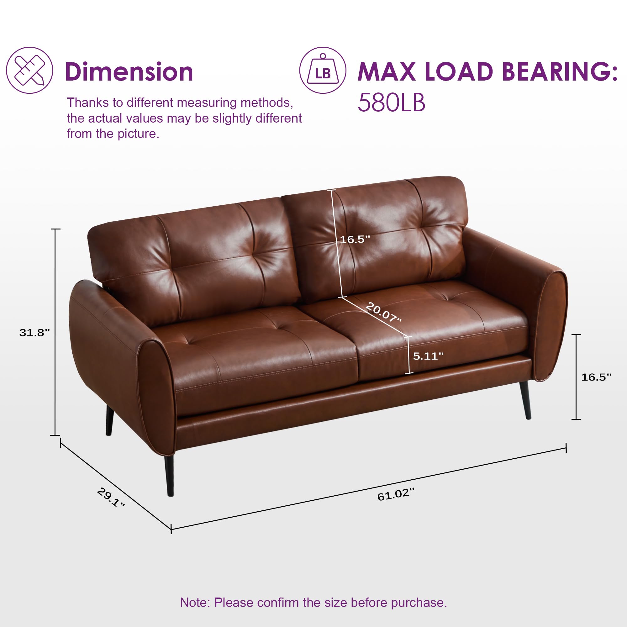 Sofa Couch 61" Small Loveseat Couches for Living Room Leather Couch Mid Century Modern Tufted Mini Sofa Comfy Office 2 Seat Settee Love Seat Bedroom (2, Brown)
