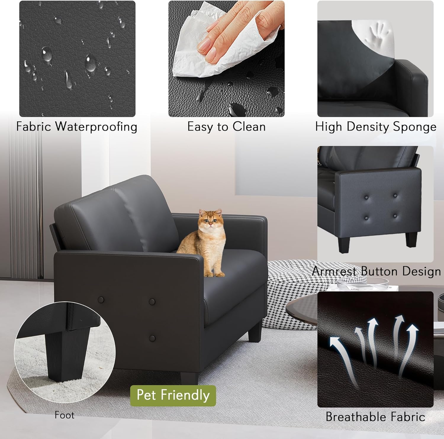 59” Black Faux Leather Sofa Couch, Modern Comfy Office 2 Seater Couch Loveseat with USB & Tufted Armrest, Small Love Seat Couches for Living Room, Bedroom, Apartment