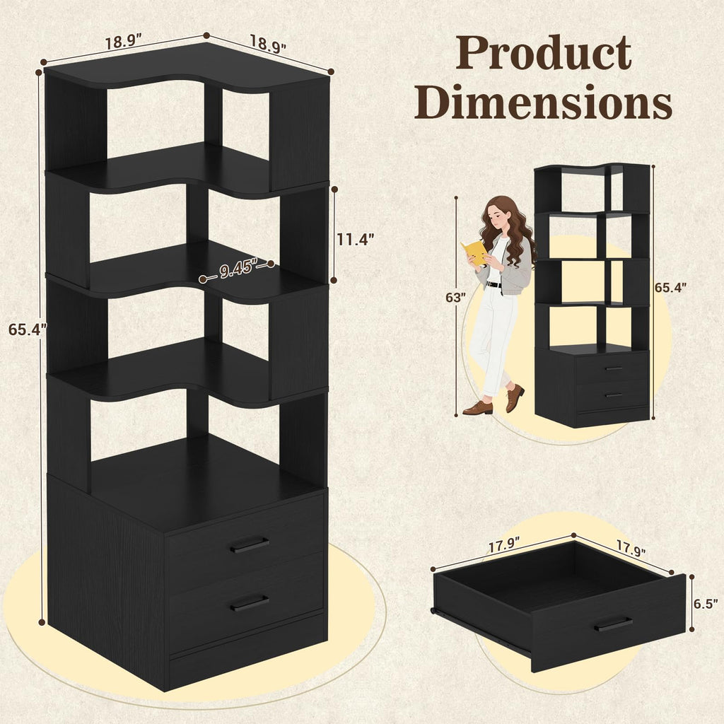 Corner Book Shelf with Drawers, Small Corner Shelf with Drawers