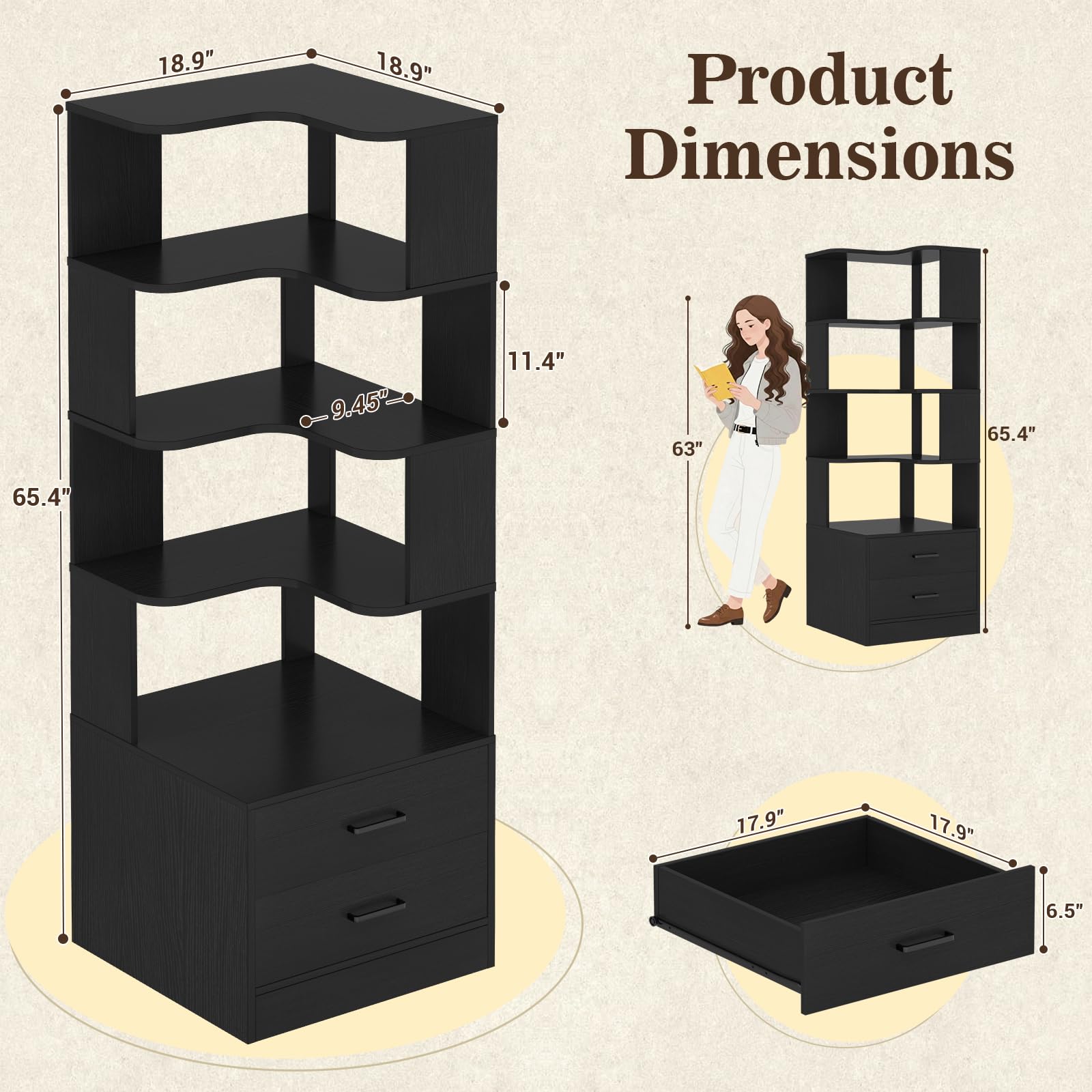Corner Book Shelf with Drawers, Small Corner Shelf with Drawers