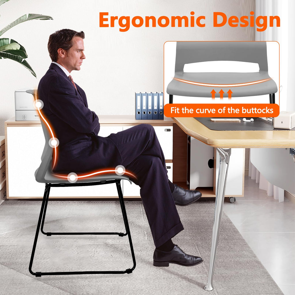 Set of 4, Stackable Guest Reception Chairs, Stacking Office Chair with Ergonomic Lumbar Support & Metal Legs, Plastic Desk Chairs for Conference School Church Waiting Meeting Break Room, Gray