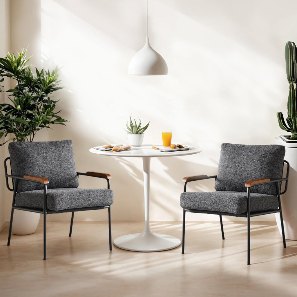 Mid-Century Modern Accent Armchairs Set of 2 for Office, Small Comfy Upholstered Leisure Reading Chairs with Wood Armrests for Office, Bedroom, Living Room, Waiting Room, Linen Grey