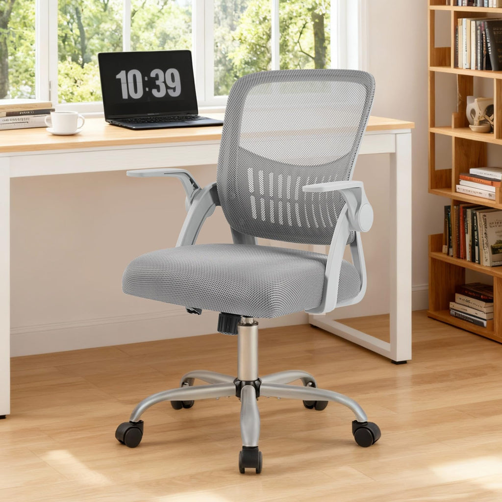 Home Office Managerial Executive Chair, Flip Up Armrest Ergonomic Mesh Adjustable Swivel Mid-Back Computer Desk Chair with Comfortable Lumbar Support, Comfy Arms for Bedroom,Study