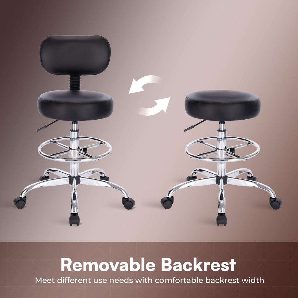 Drafting Chair with Back, Adjustable Foot Rest Rolling Stool, Multi-Purpose Office Desk Chair, Thick Seat Cushion for Home Bar Kitchen Shop - Black