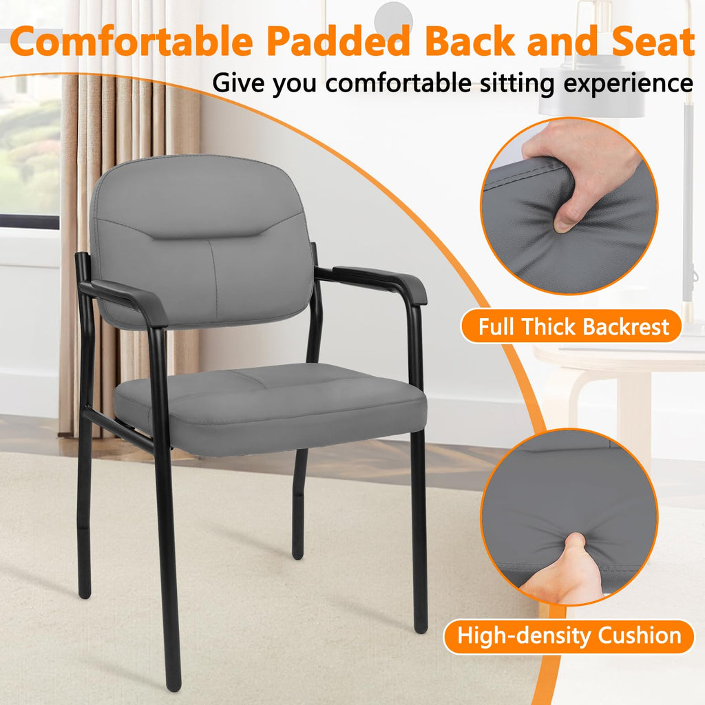 Leather Guest Chair Sets of 2, Office Reception Chair No Wheels with Armrests and Lumber Support, Ergonomic Desk Armchair for Meeting Waiting Conference Lobby Room, Grey