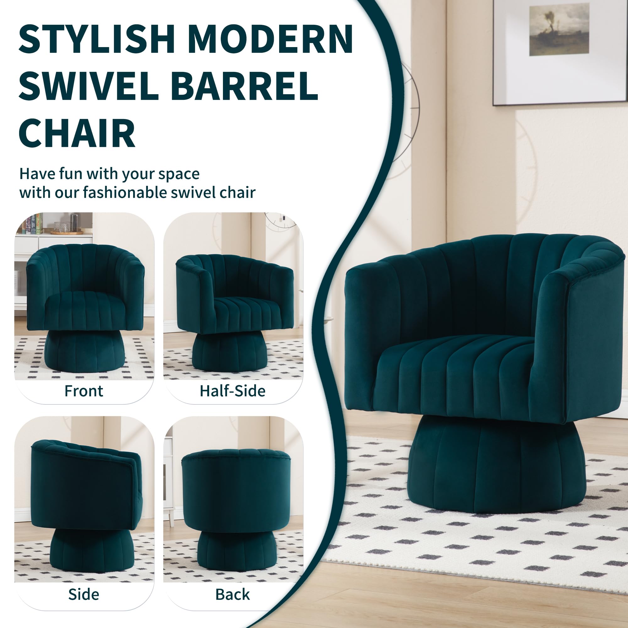 Swivel Accent Barrel Chair - Cute Comfy Small Round 360° Arm Chair Velvet Sofa Club Reading Chair for Office  Living Room Bedroom Green