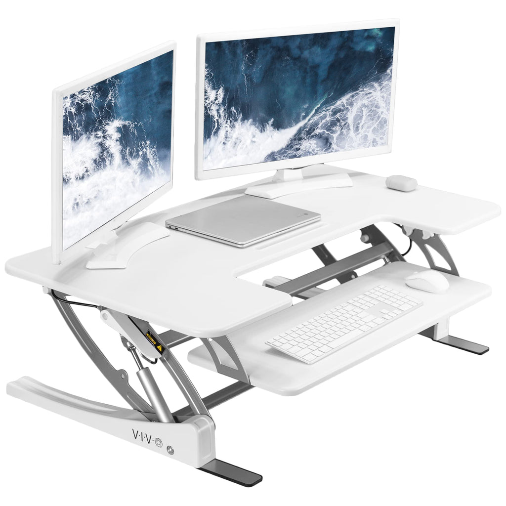 42 inch Height Adjustable Stand Up Desk Converter, V Series, Quick Sit to Stand Tabletop Dual Monitor Riser Workstation, White