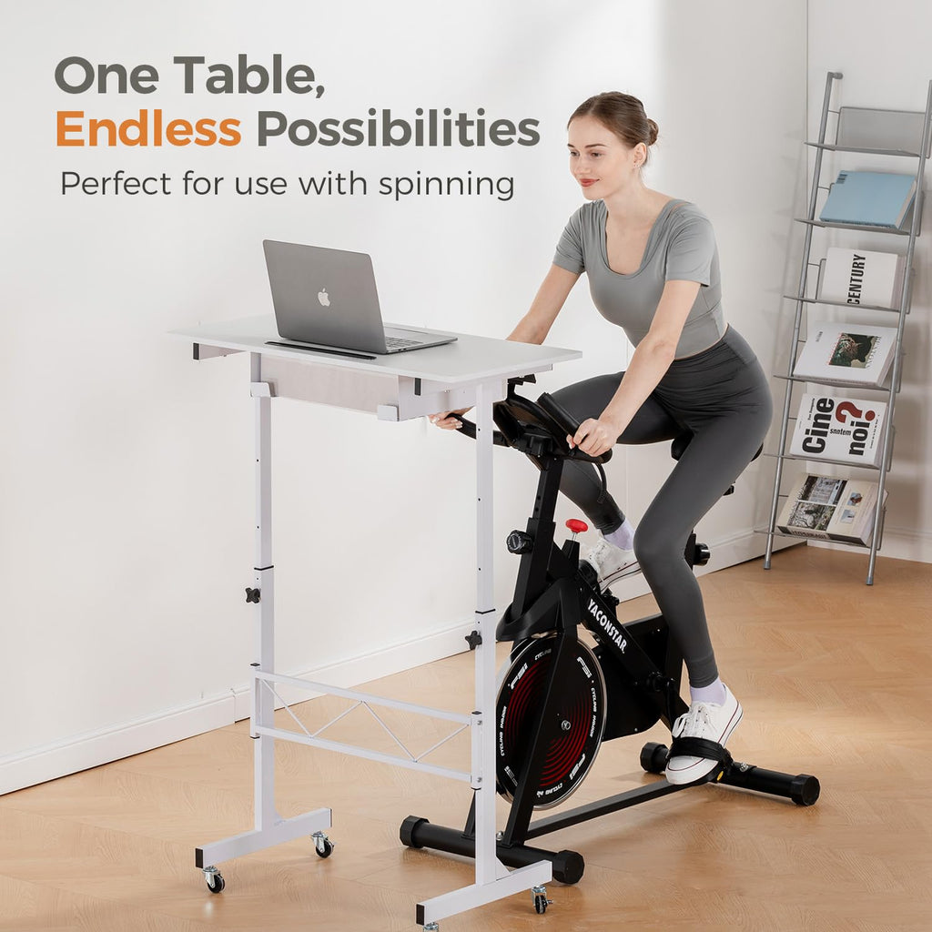 Portable Standing Desk Adjustable Height 30.7"-46.4", Standing Desk with Drawers, Mobile Rolling Computer Desk for Home Office Work and Walking Pad Treadmill, Carbon Fiber White