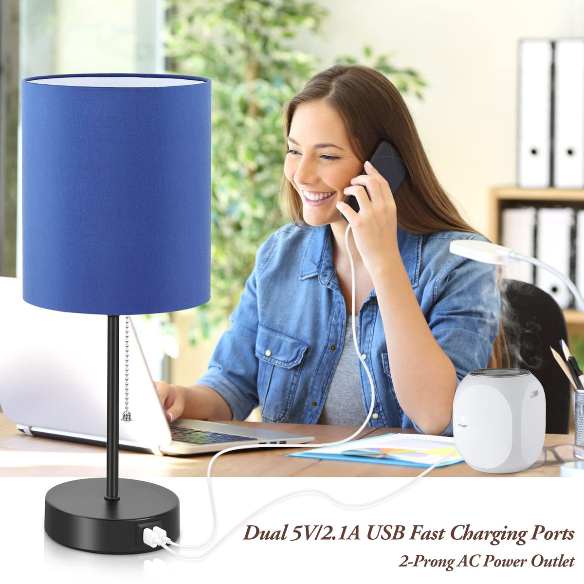 Bedside Table Lamps Set of 2 with USB Charging Ports and AC Outlet, Blue