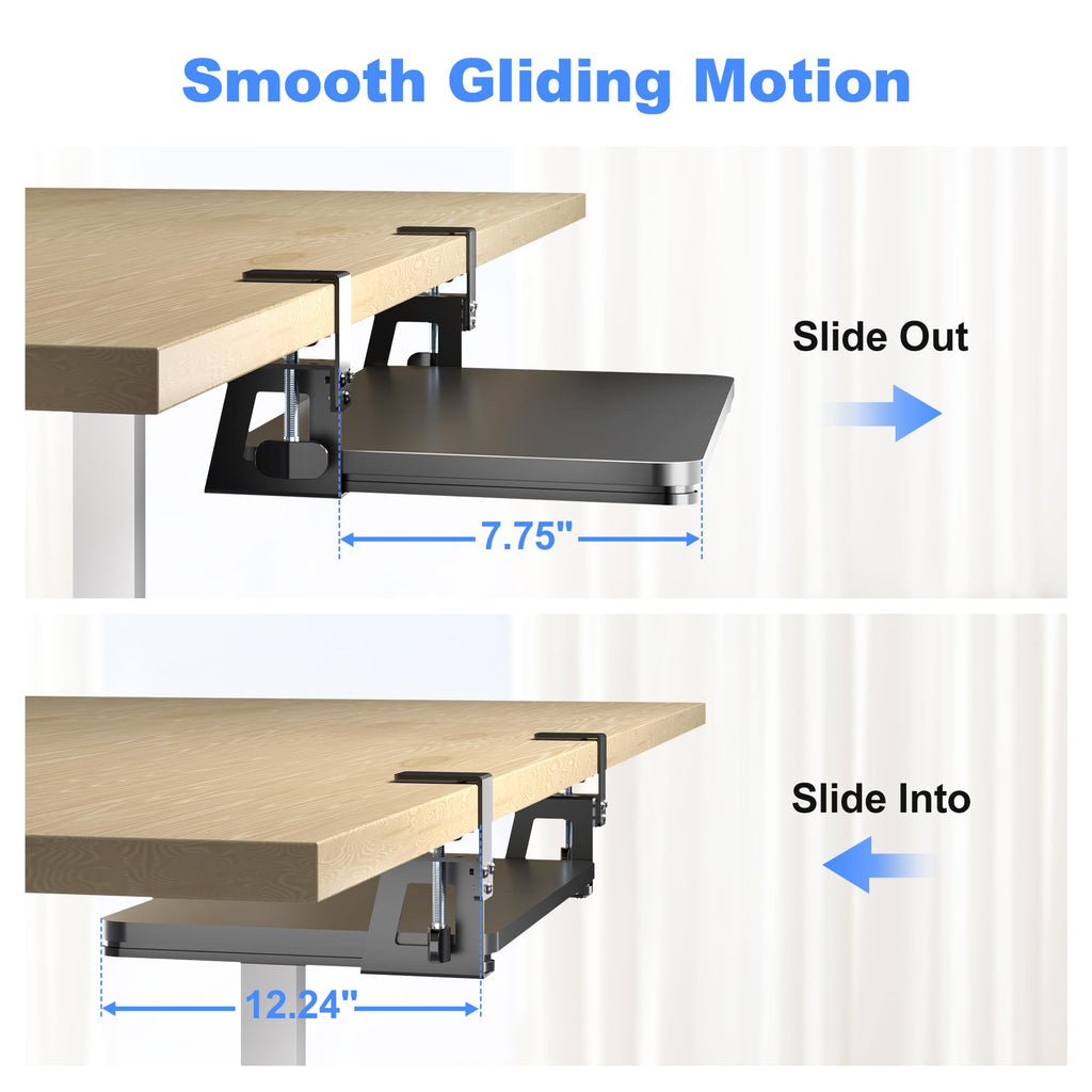 Keyboard Tray Under Desk Large C-Clamp 25.6” (30” Including Clamps) x 11.8” Slide-Out Platform Computer Drawer Pull Out Keyboard & Mouse Tray Black