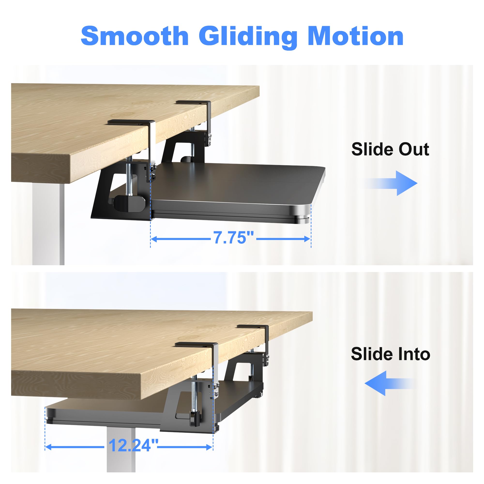 Keyboard Tray Under Desk Large C-Clamp 25.6” (30” Including Clamps) x 11.8” Slide-Out Platform Computer Drawer Pull Out Keyboard & Mouse Tray Black