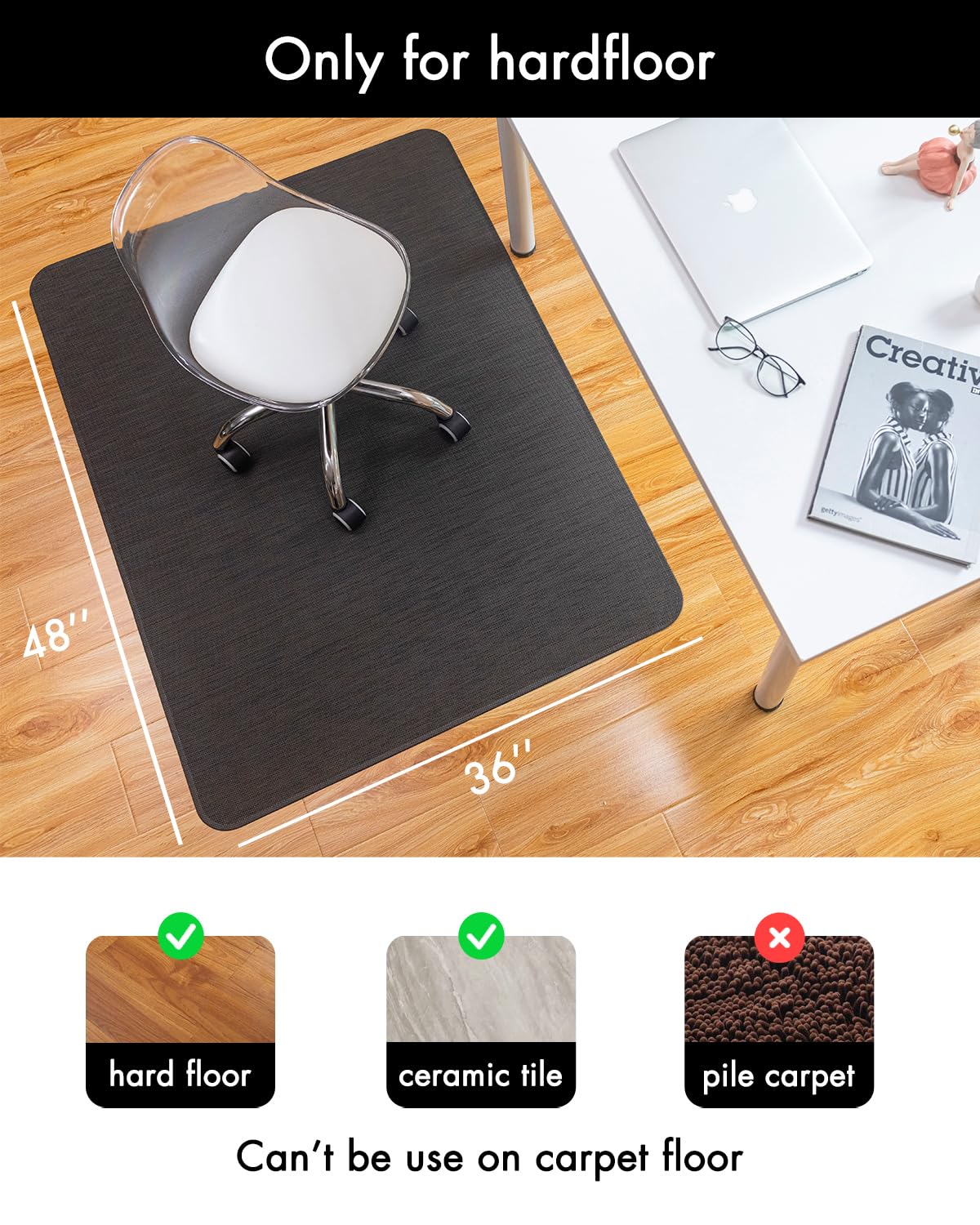 Office Chair Mat for Hardwood Floor Under Desk Computer Rolling Chair Mat for Wood/Tile Floor Non-Slip Heavy Duty Desk Rug PVC Plastic Hard Floor Protector 36" x 48" (Espresso)